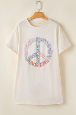 White graphic t-shirt dress with floral motif and sign of peace *