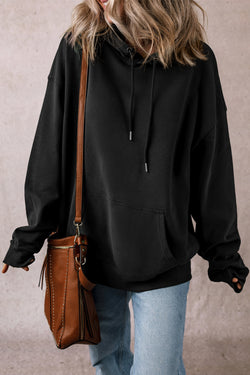 Black thick hoodie with kangaroo pocket and fleece-lined drawstring