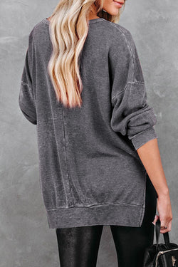 Grey waffle knit sweater top with side slit