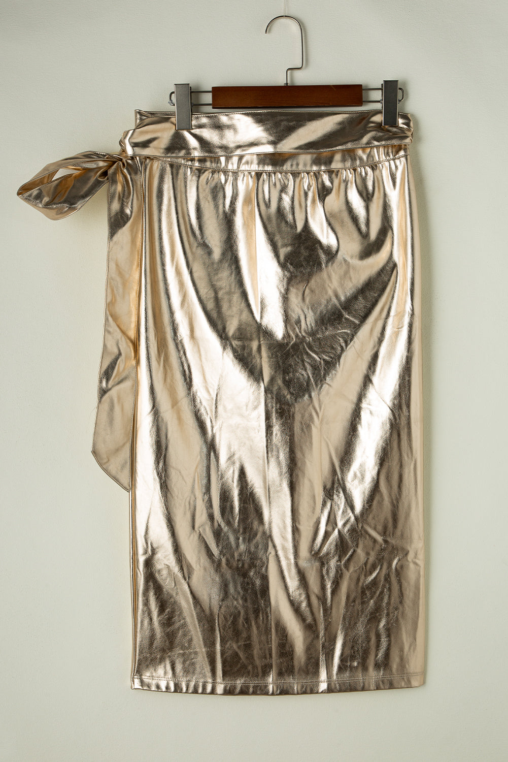 Gold Metallic Leather Knotted Wrap Midi Skirt