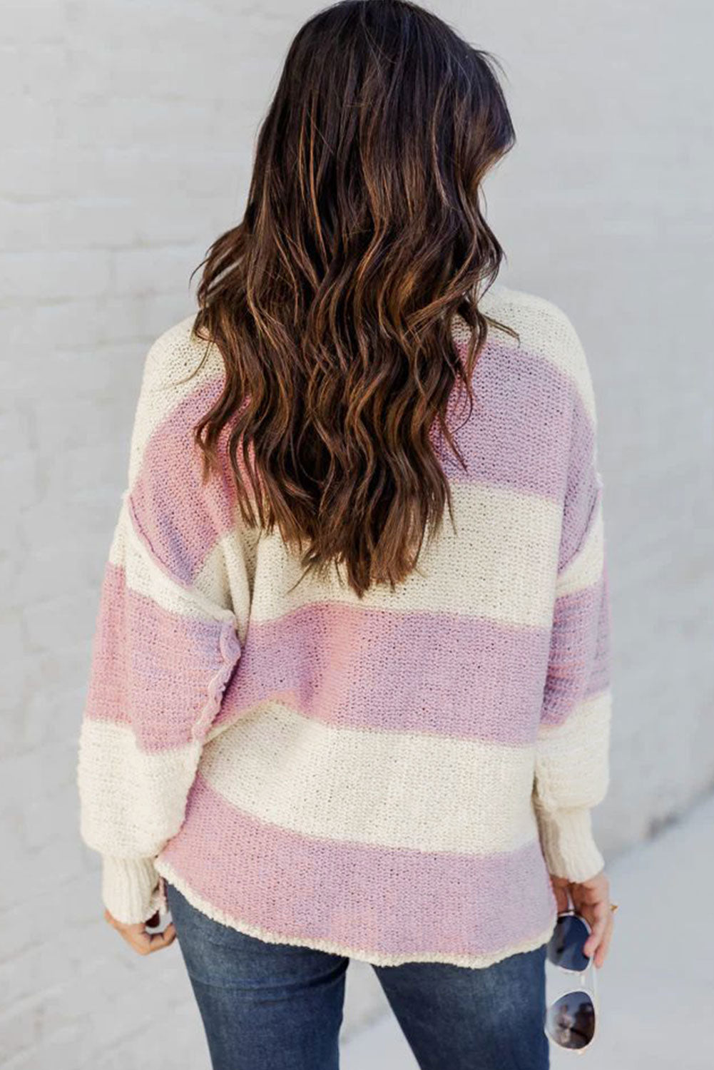 Pink Striped Strick Knopf Rippen geteiltes Nackenpullover