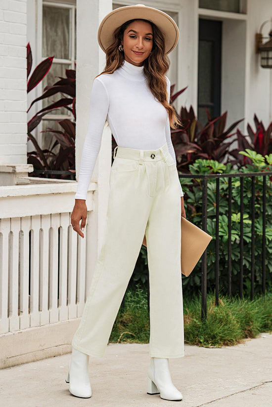 Beige corduroy high waist straight pants