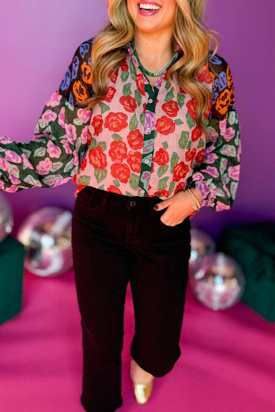 Red shirt with puffy sleeves and floral print color block