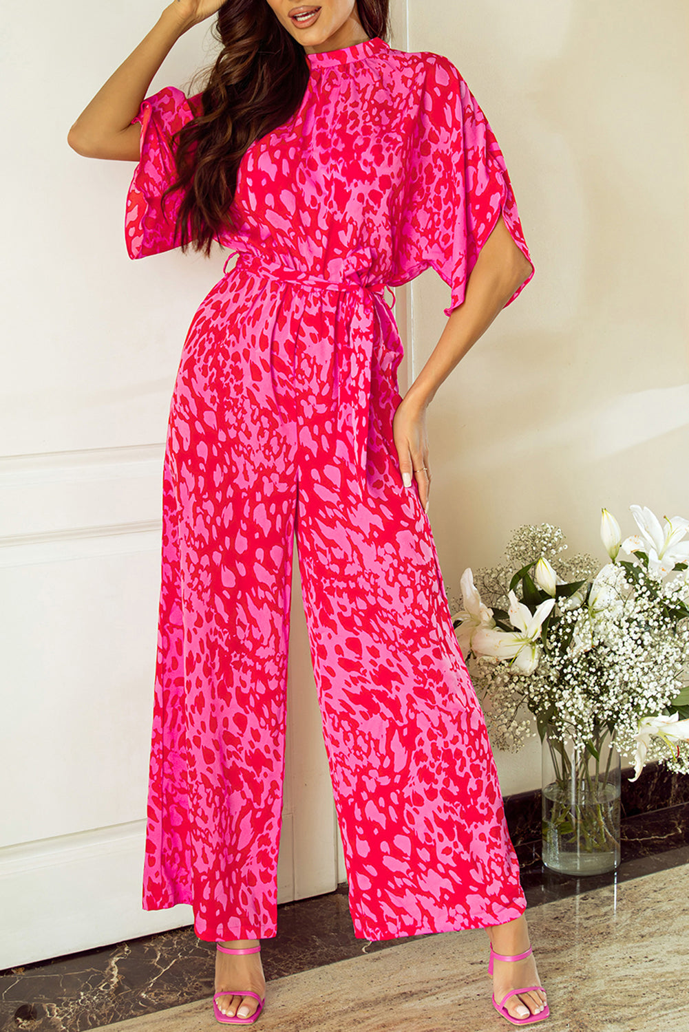 Pink Leopard Jumpsuit with Loose Sleeves and Wide Leg Belt