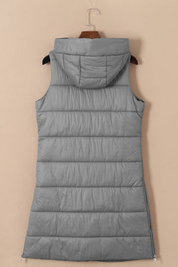 Manteau long matelassé à capuche gris foncé