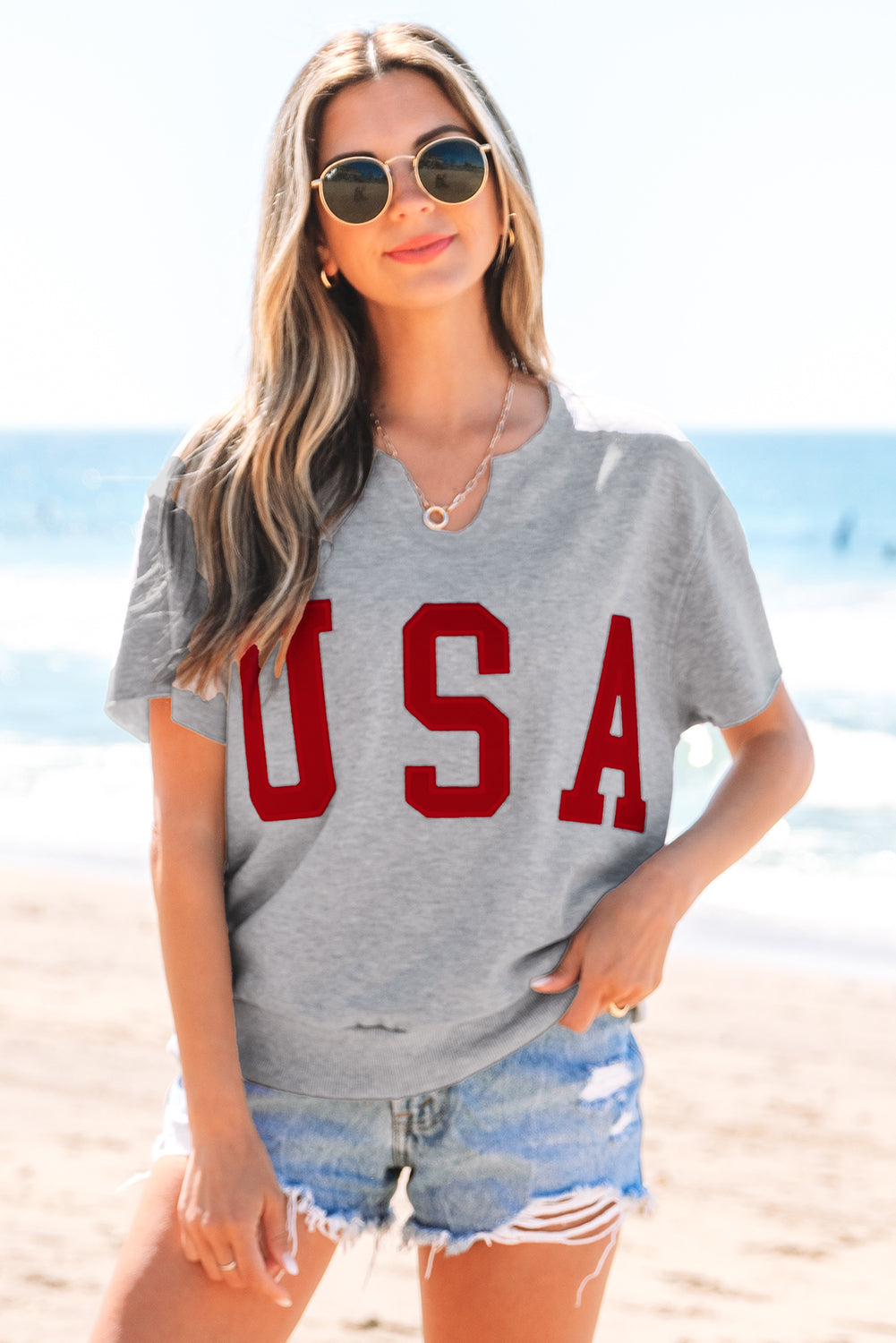 Light gray light t-shirt with lettering USA and notched collar