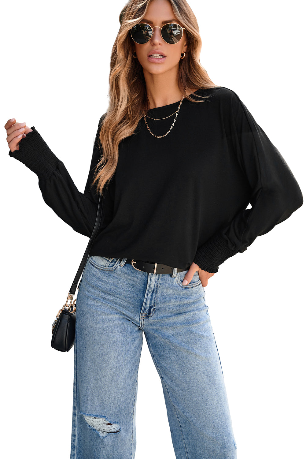 Top à manche Dolman à imprimé en marbre noir