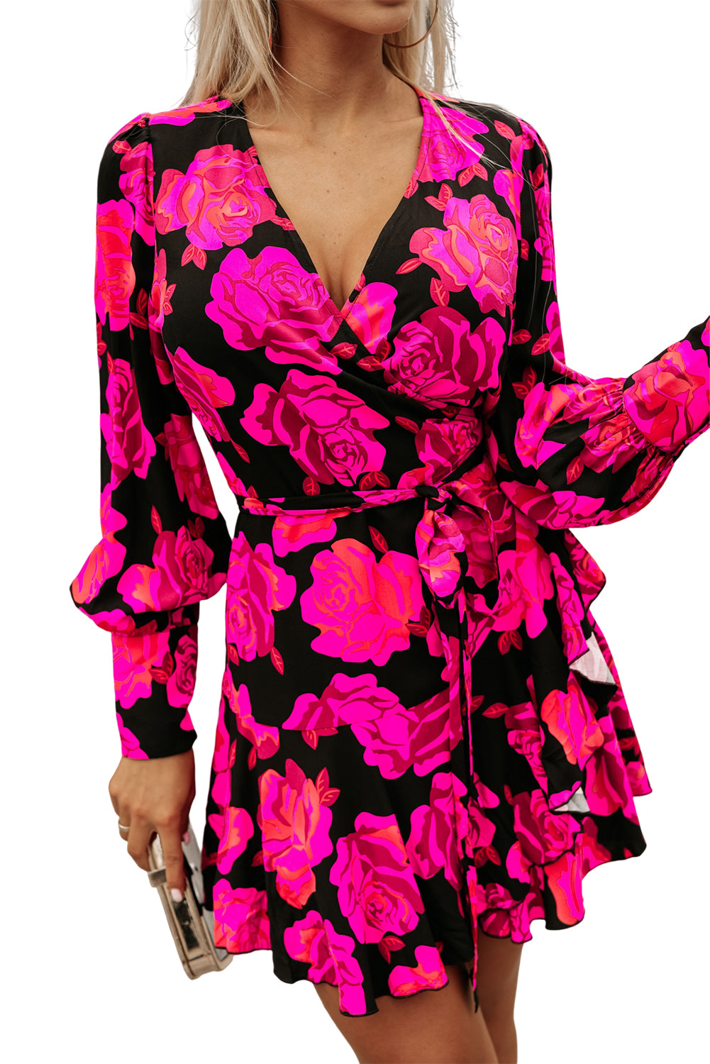 Rose Floral Print a V Neck Wrap Washop Sleeve Bruffer Tiered Dress