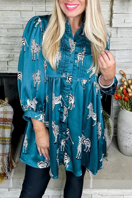 Vestido de túnica de camisa plisada de patrón de cebra con estampado azul