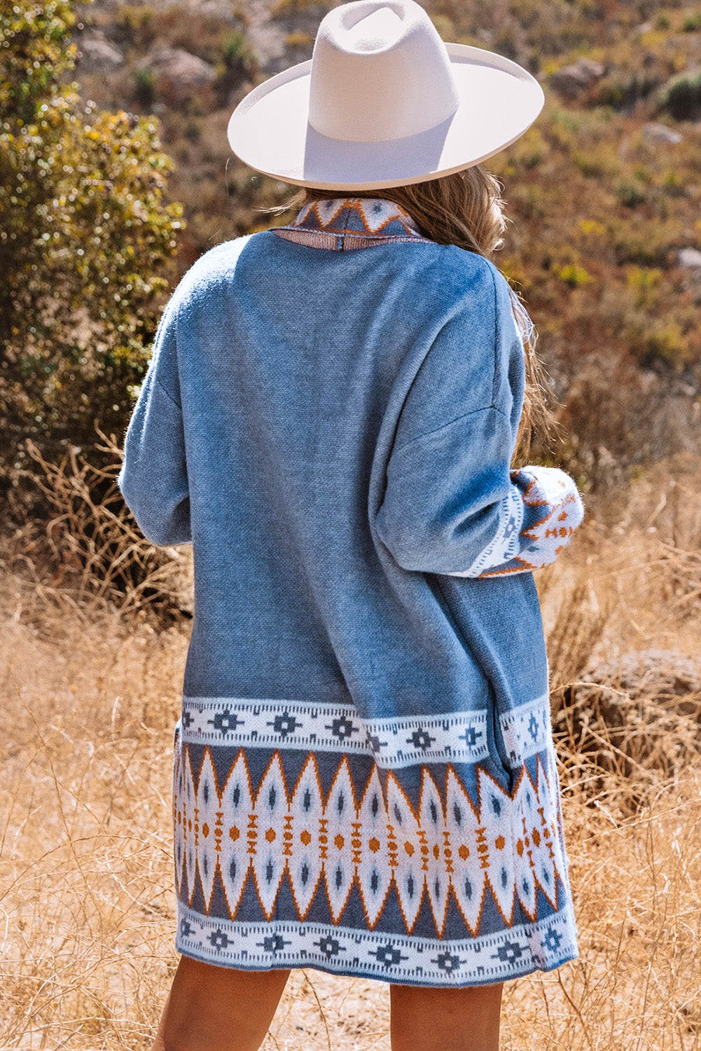 Cardigan blu a maglia frontale aztec aztec