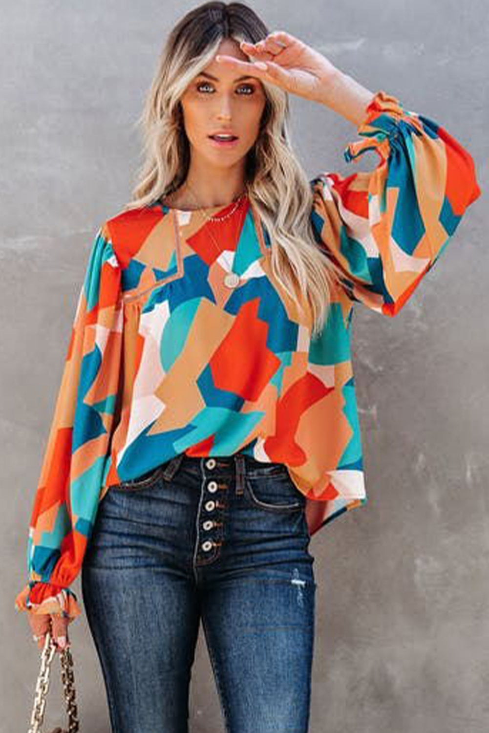 Multicolor abstrakte Muster Crewneck gekräuselte Puffhülle Bluse