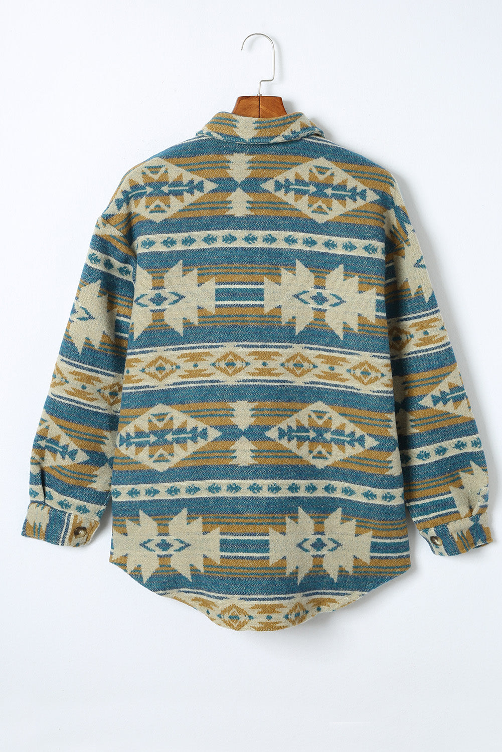 Blue Western Aztec Print Button Bouton Pocket Shacket