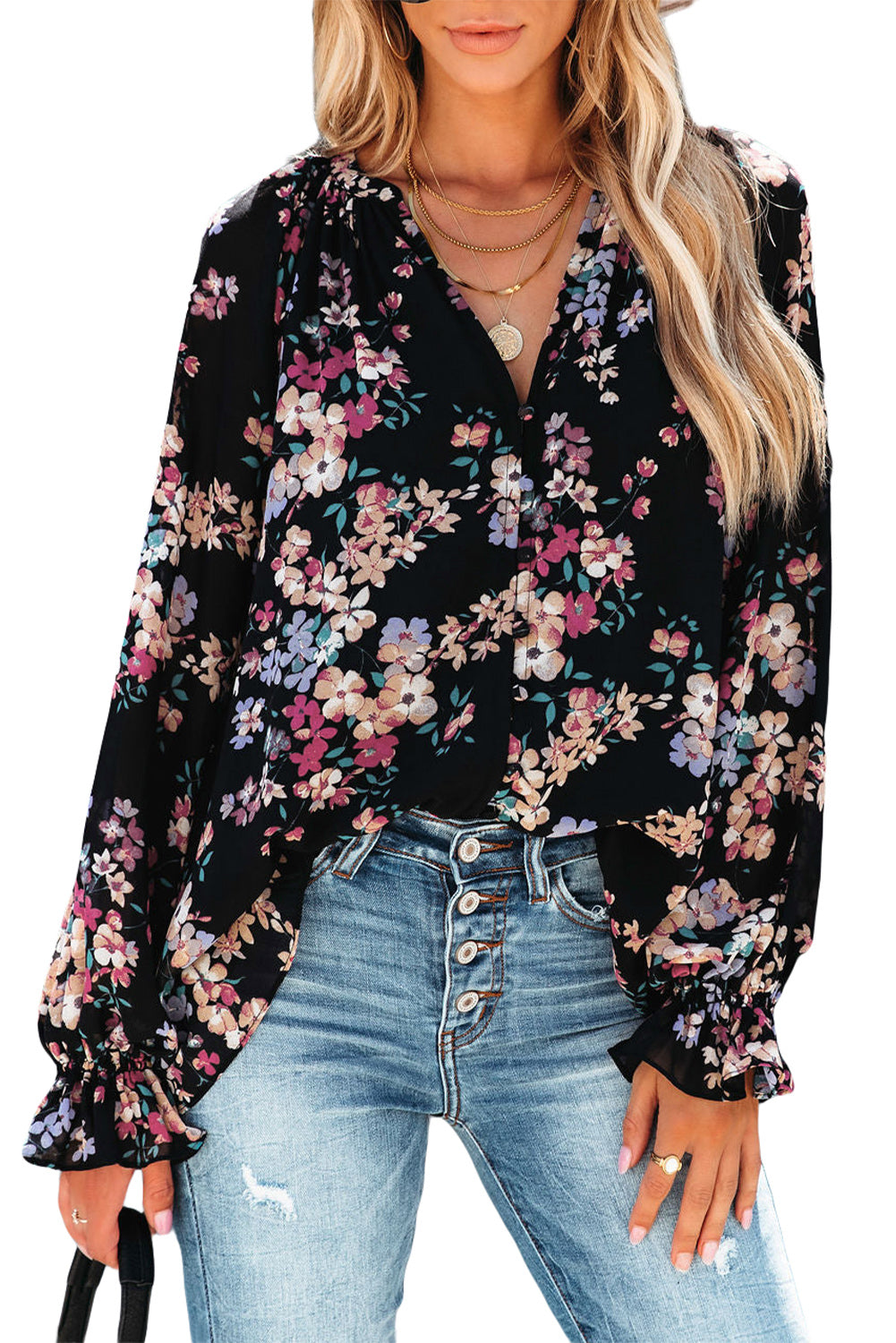 Schwarze Wildblume -Druck -Chiffon -Bluse