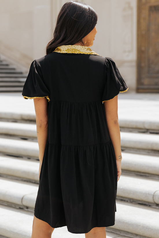 Black Shirt Dress with Bubble Sleeves and Sequin Trim for Game Day