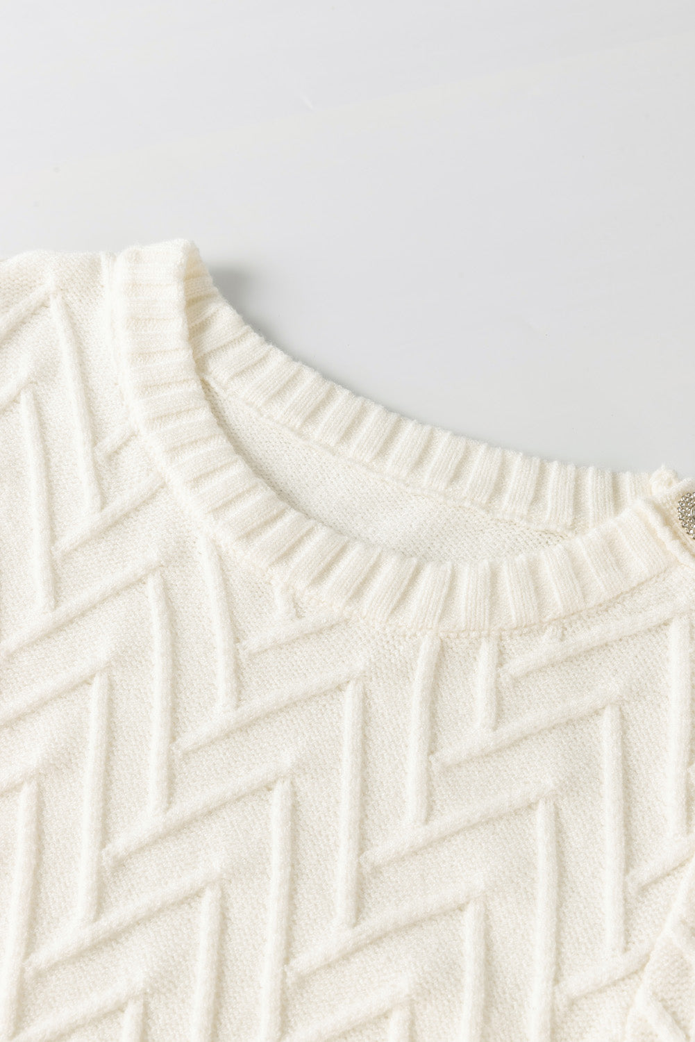 White Textured Knit Button Decor Pullover Sweater