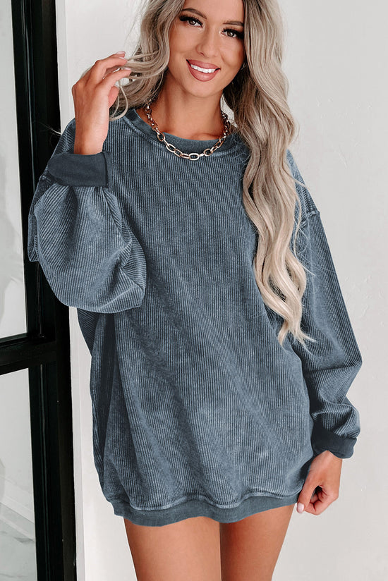 Plain blue ribbed knit crew neck sweatshirt