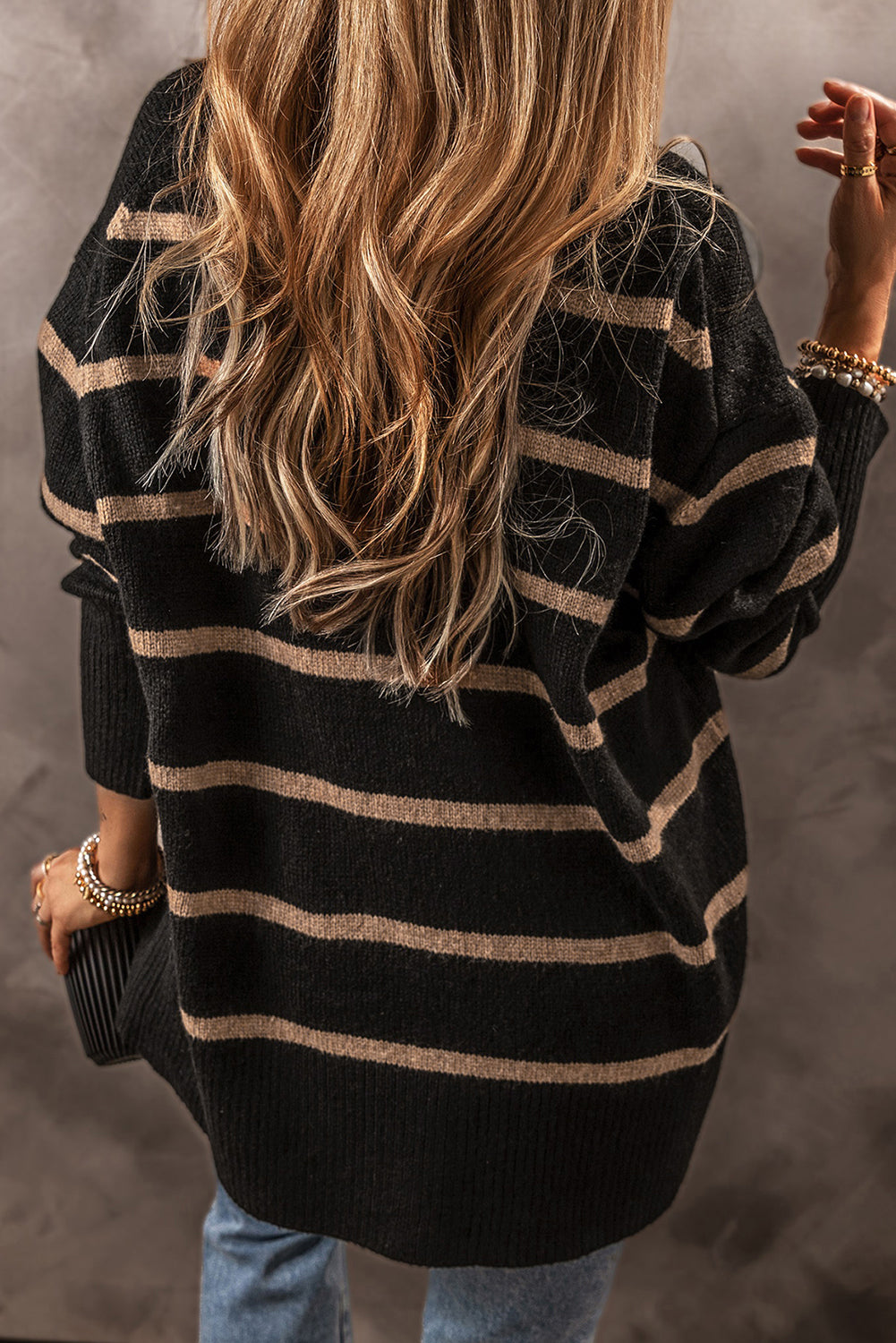 Black Striped Buttoned V-Neck Drop Shoulder Loose Cardigan