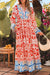 Orange Long Sleeve Boho Geometric Print Maxi Dress