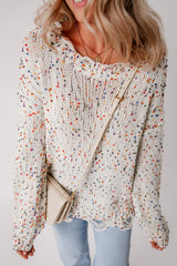White Colorful Confetti Distressed Knit Sweater