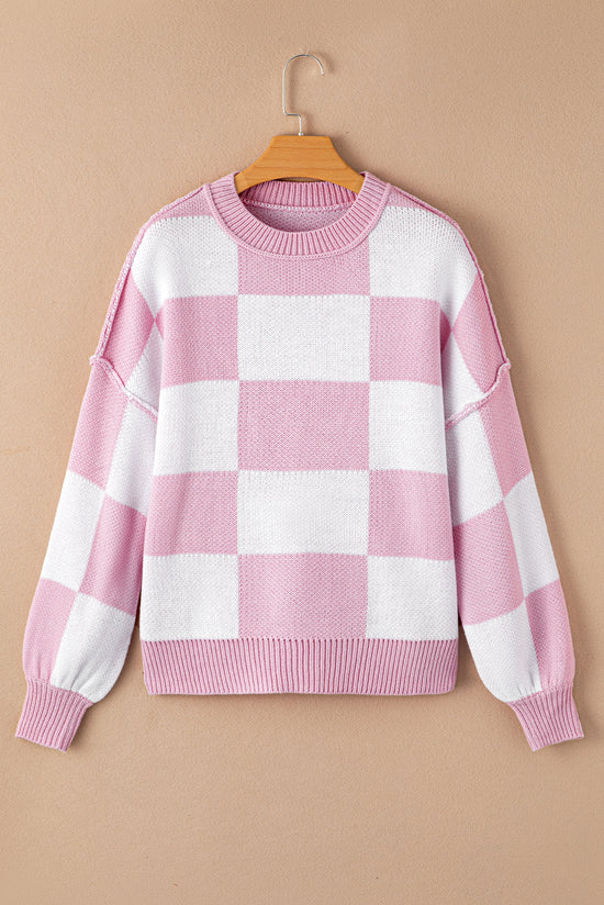 Pink plaid sweater with bishop sleeves