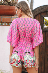 Combi-short  taille haute à imprimé géométrique cachemire rose à col en V