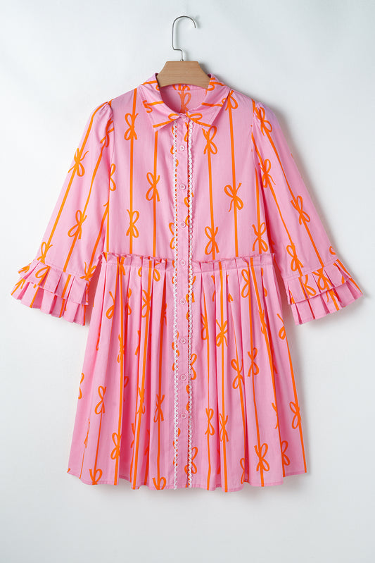 Pink Ruffled Striped Print Mini Shirt Dress with Bow Tie