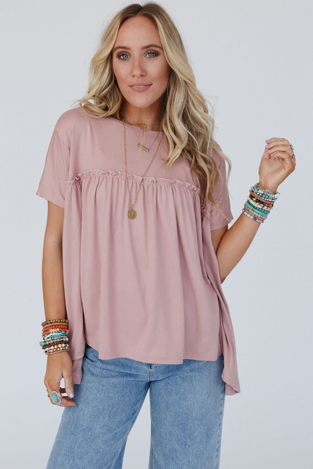T-shirt babydoll ample rose clair à volants