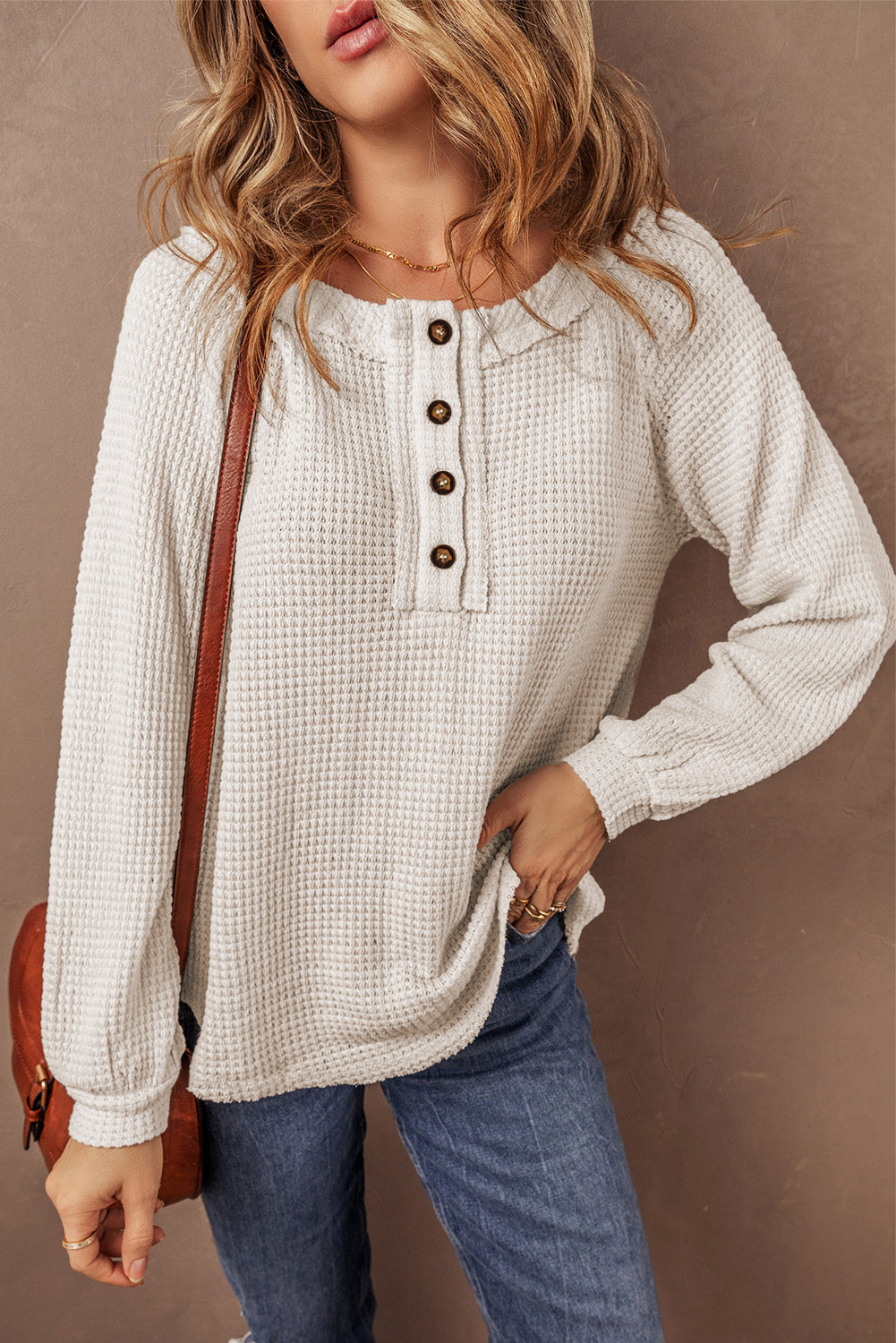 Oatmeal Waffle Knit Botoned Front Raglan manga blusa suelta