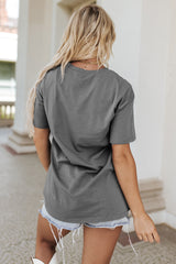 Camiseta gris de gran tamaño con estampado gráfico y letra con eslogan de guitarra