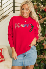Pull ample à épaules tombantes avec lettres joyeuses Tinsel rouge ardent