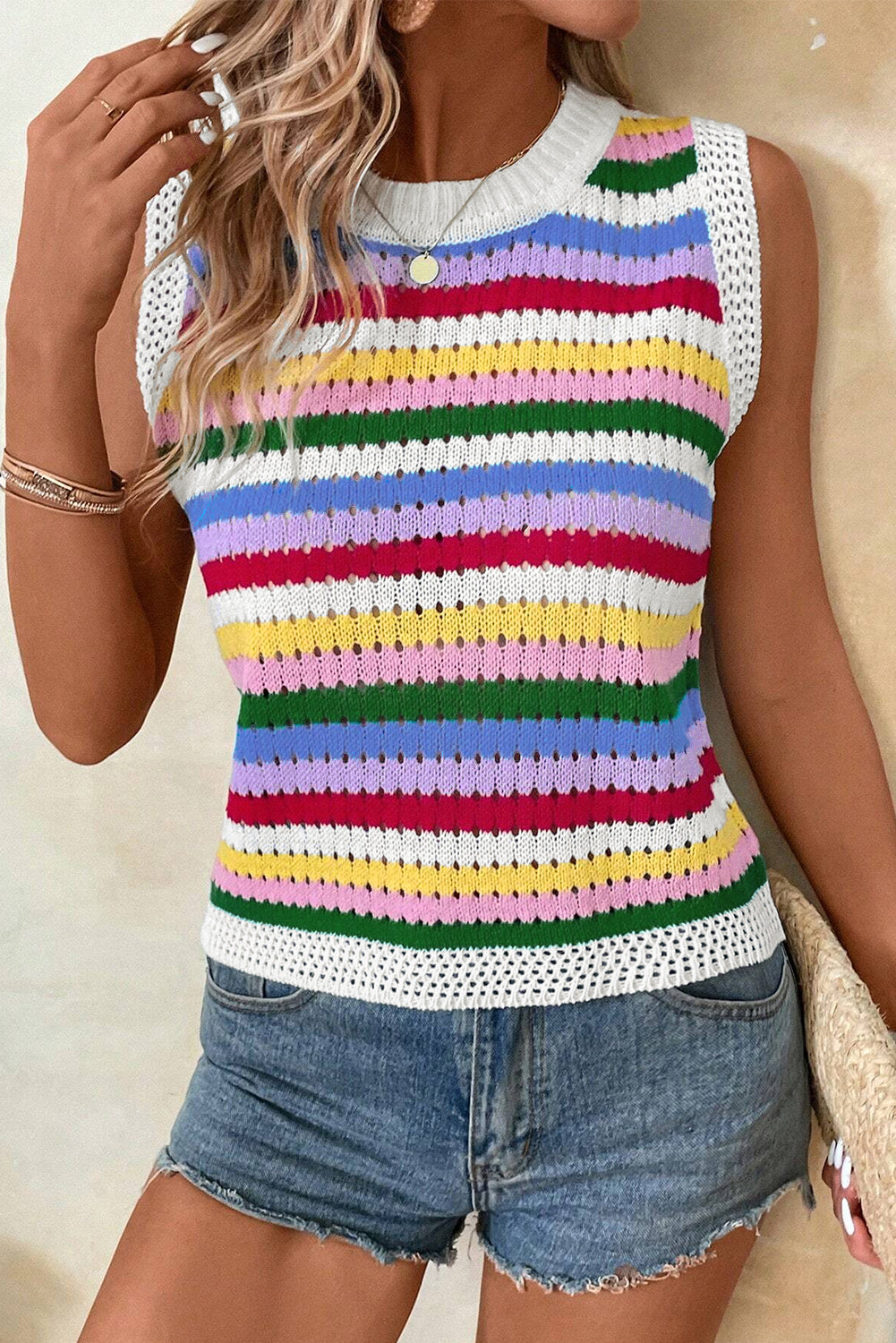 Gilet pull slim à œillets en tricot à rayures multicolores