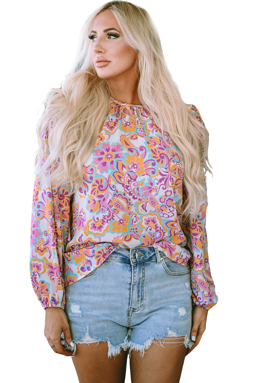 Lila Boho Paisley gedruckte Bauernhülle Bluse