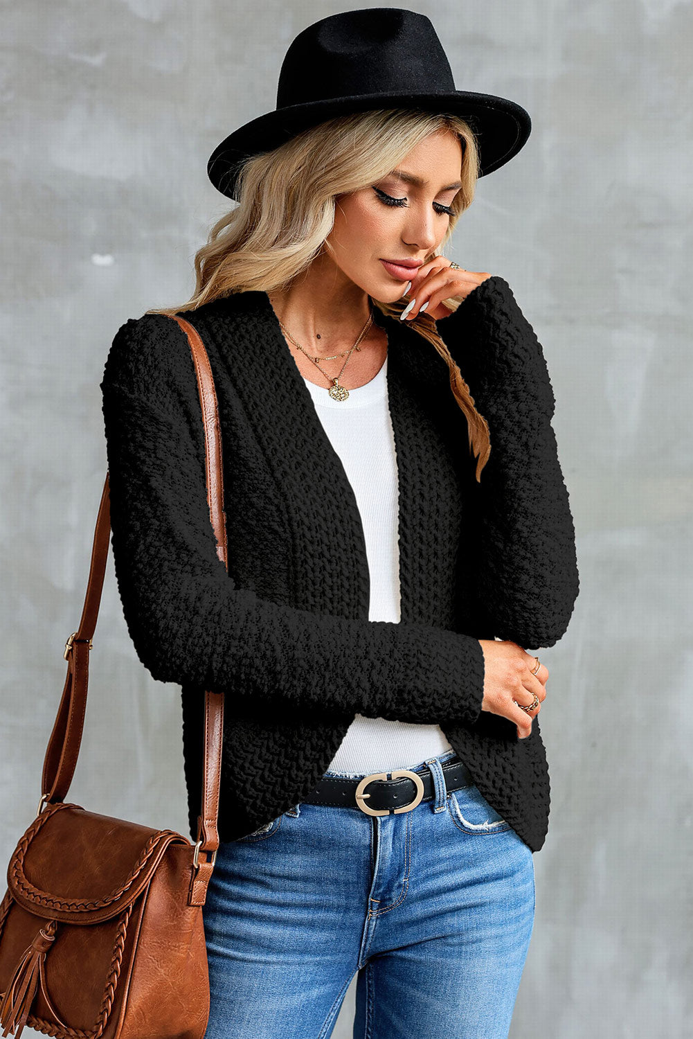 Cardigan noir ouvert sur le devant en tricot Popcorn