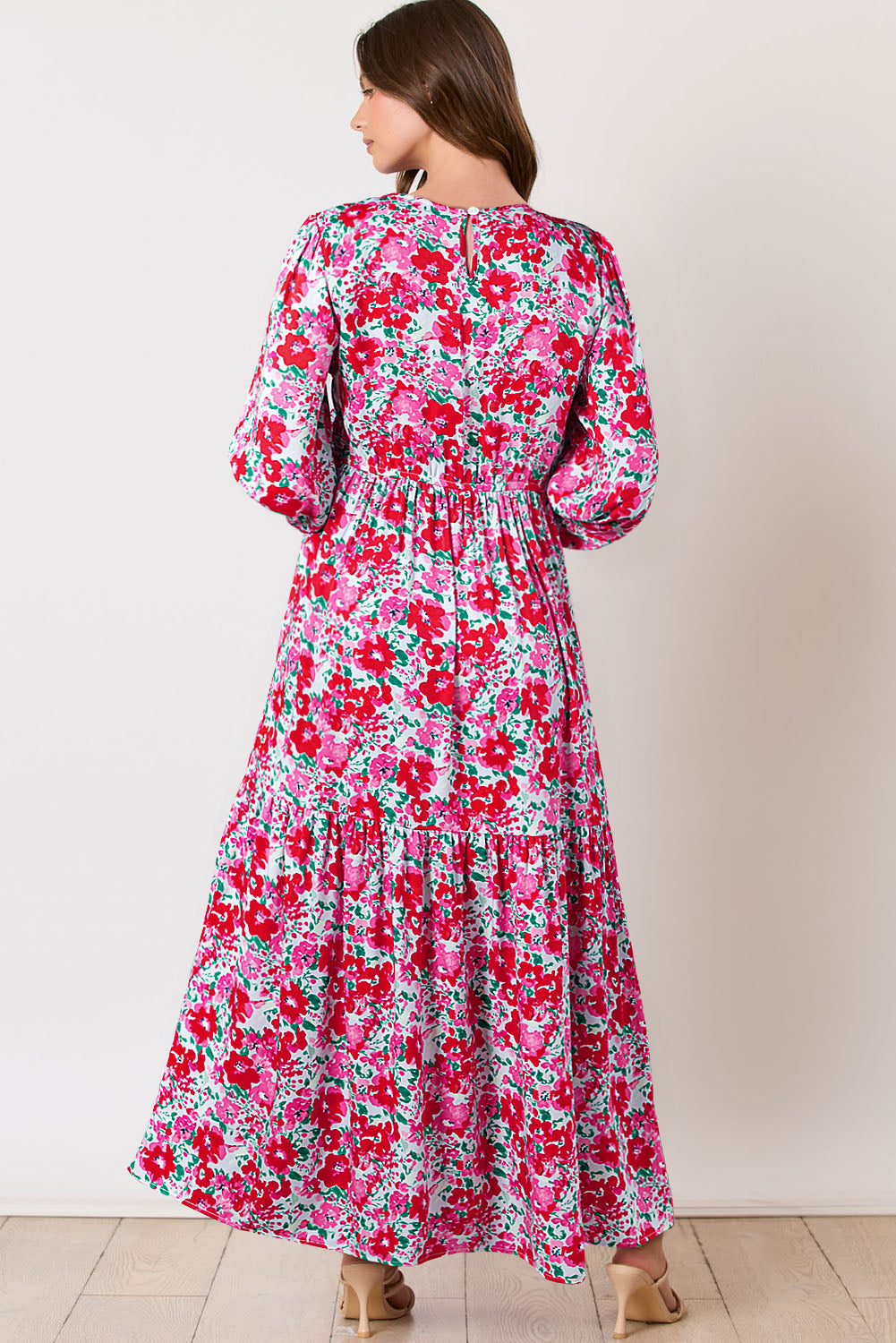 Sky Blue Floral Print Ruffled Lantern Sleeve Smocked Maxi Dress