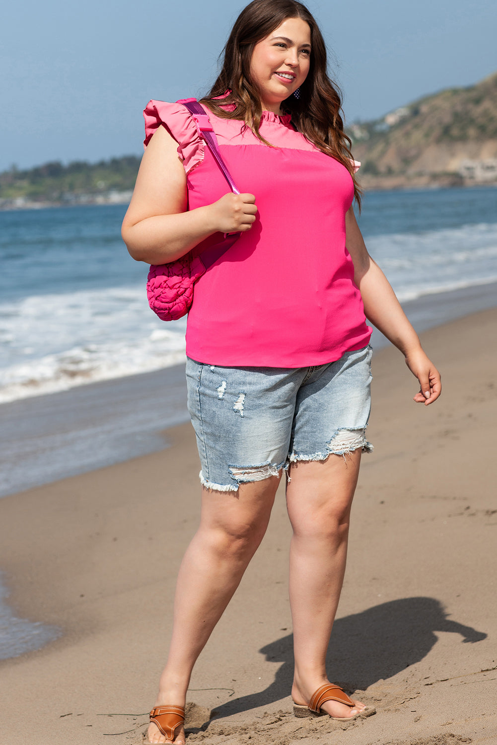 Strawberry Pink Textured 2-Tone Patchwork Frill Neck Ruffled Trim Plus Blouse 2-Tone Patchwork Plus Size Blouse