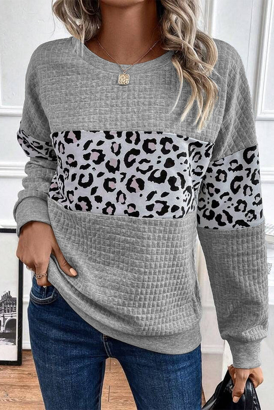 Gray sweatshirt with neck and patchwork quota leopard