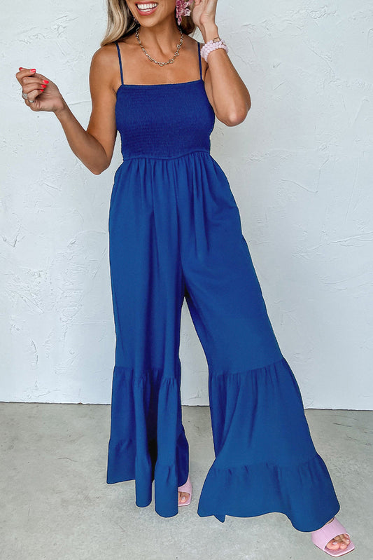 Navy Blue Spaghetti Strap Smocked Ruffle Wide Leg Jumpsuit