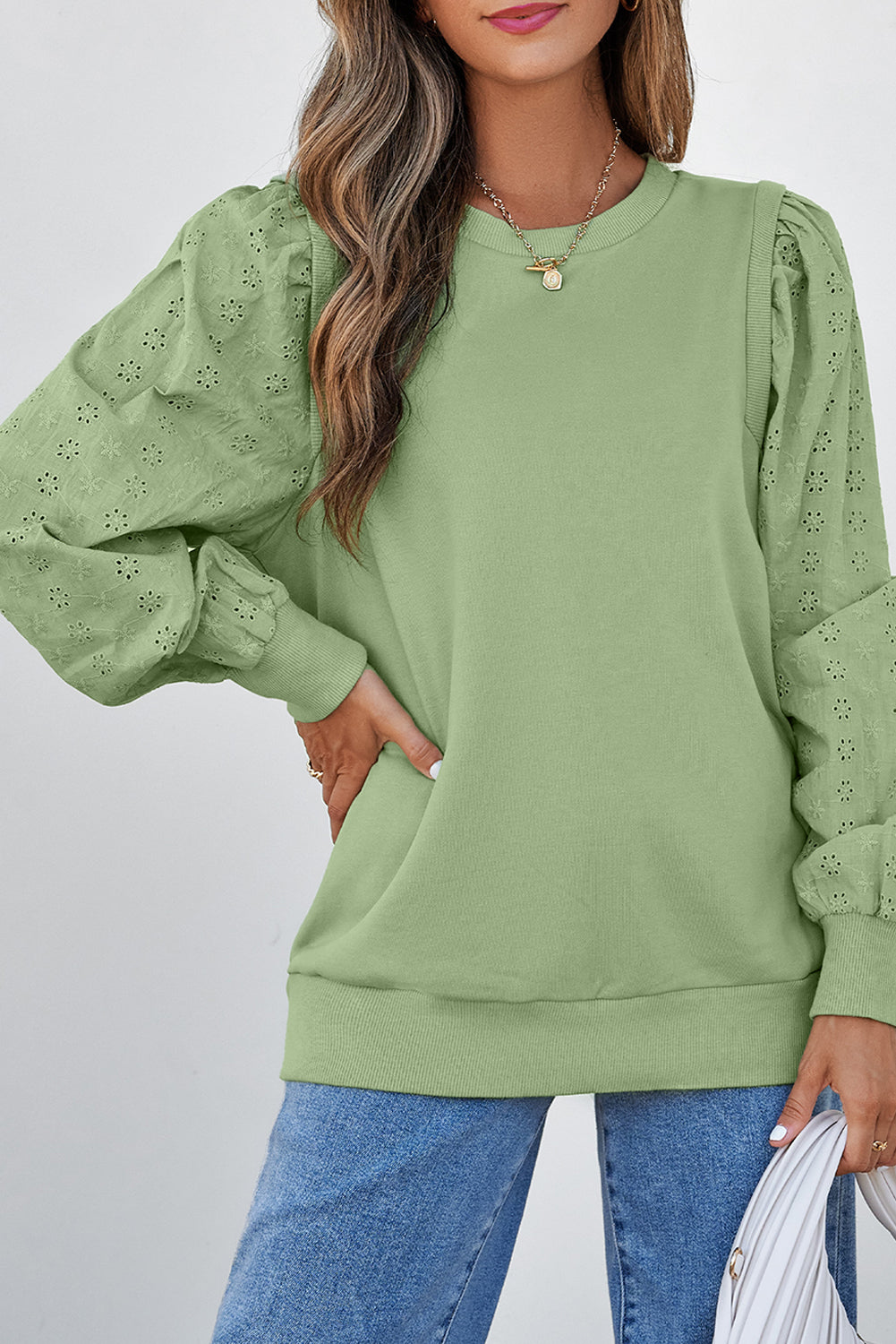 Mist Green Solid Patchwork Ärmel rundes Nacken -Sweatshirt