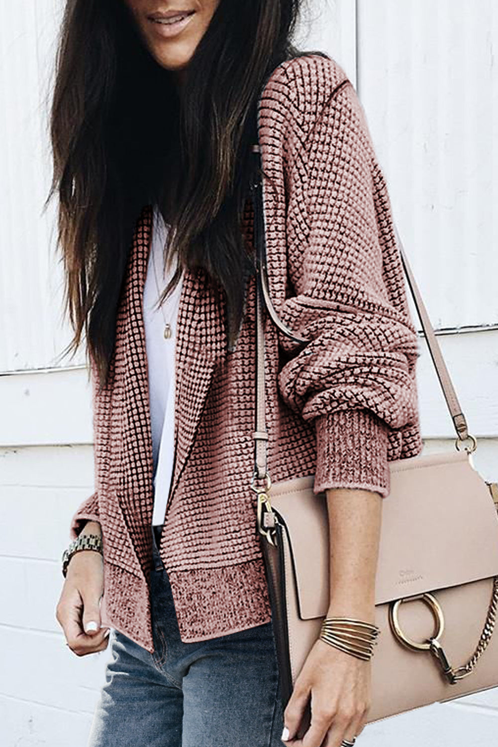 Open front cardigan with contrasting plaid and peach blossom trim