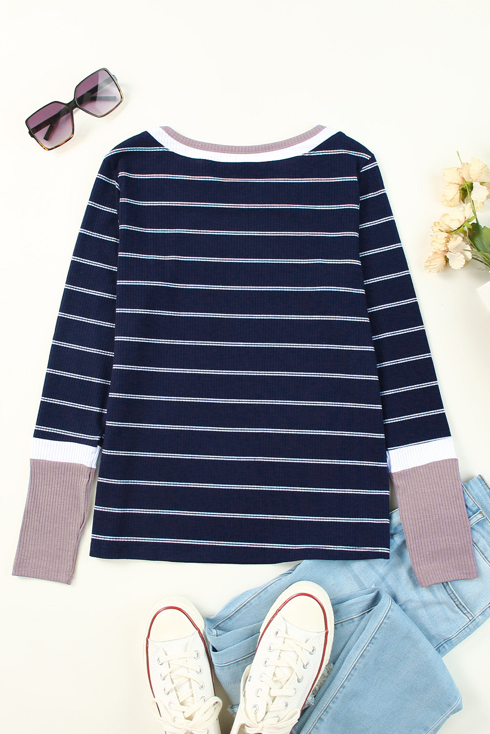 Blue Extend Color Block Cuffs Rib Trizt Striped Pullover