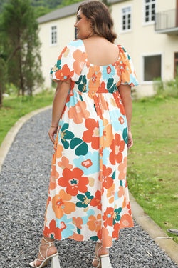 Vestido largo naranja con estampado floral grande con ceño en cuello cuadrado