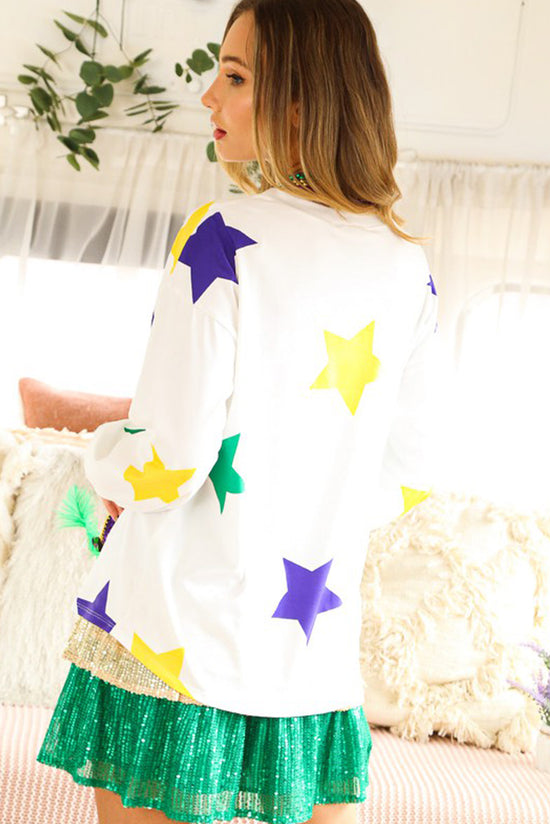 White Mardi Gras Star Print Long Sleeve Top