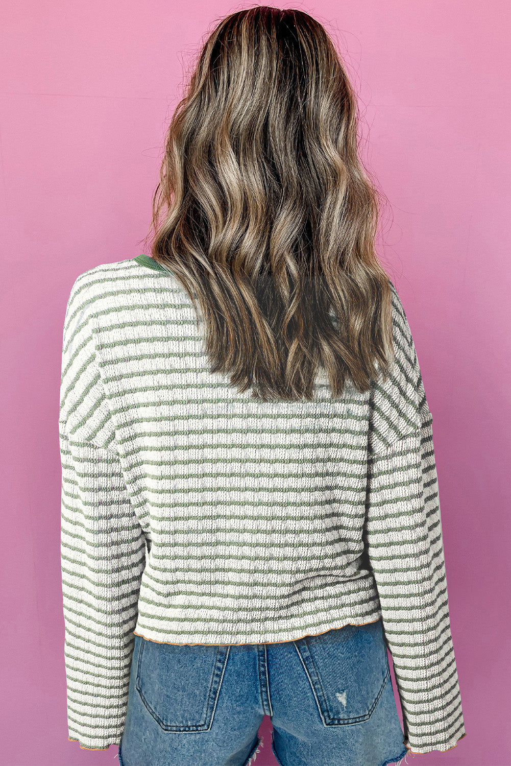 Haut à manches longues Henley texturé à rayures vertes *