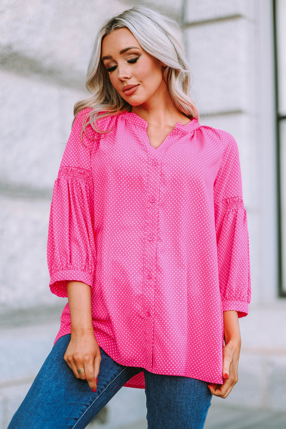 Pink 3/4 Ärmel gepunktete Drucklöses Shirt