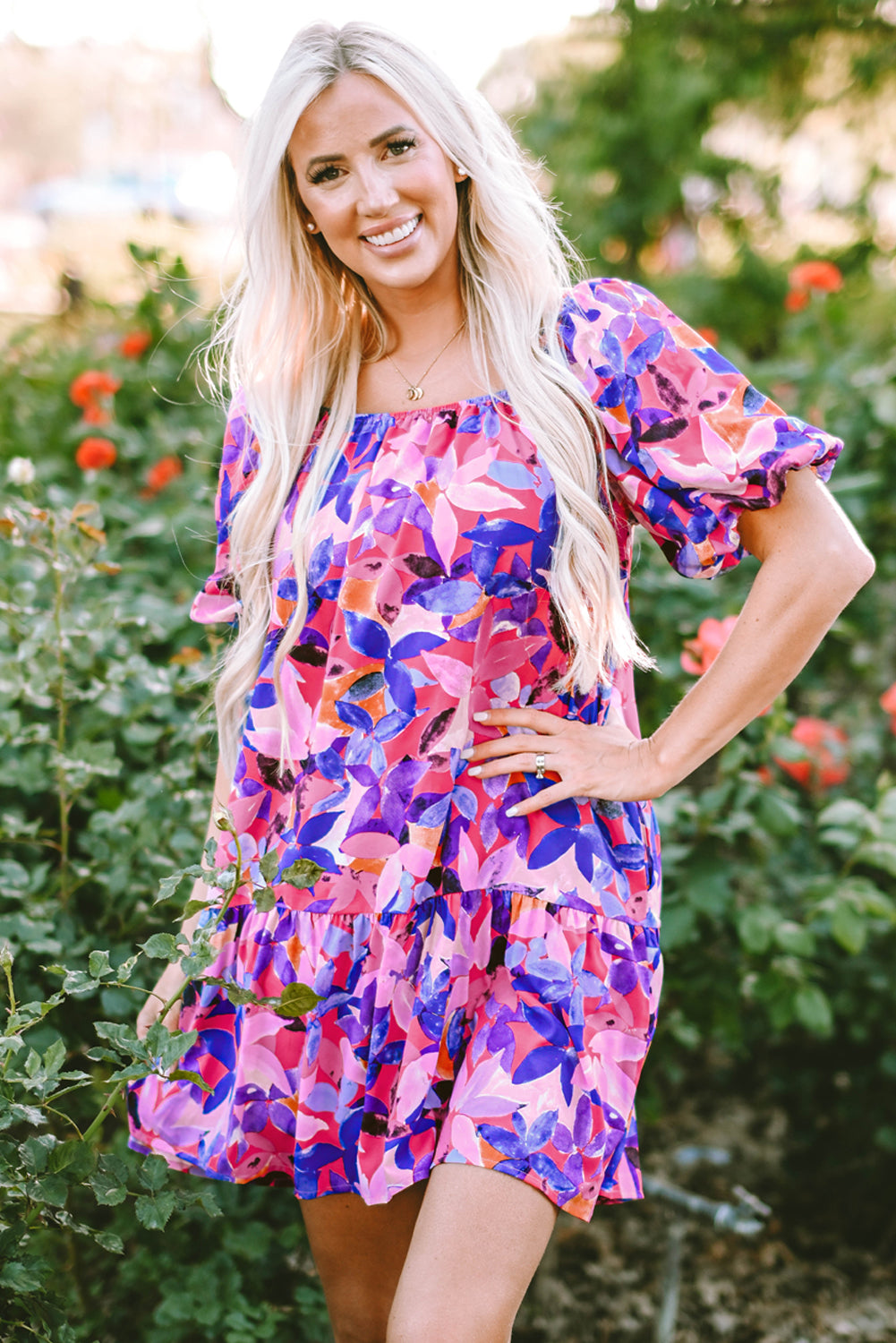 Purple Flower Print Short Puff Sleeve Ruffled Dress