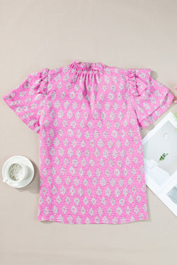 Short -sleeved blouse and split pink flowers and pink flowers