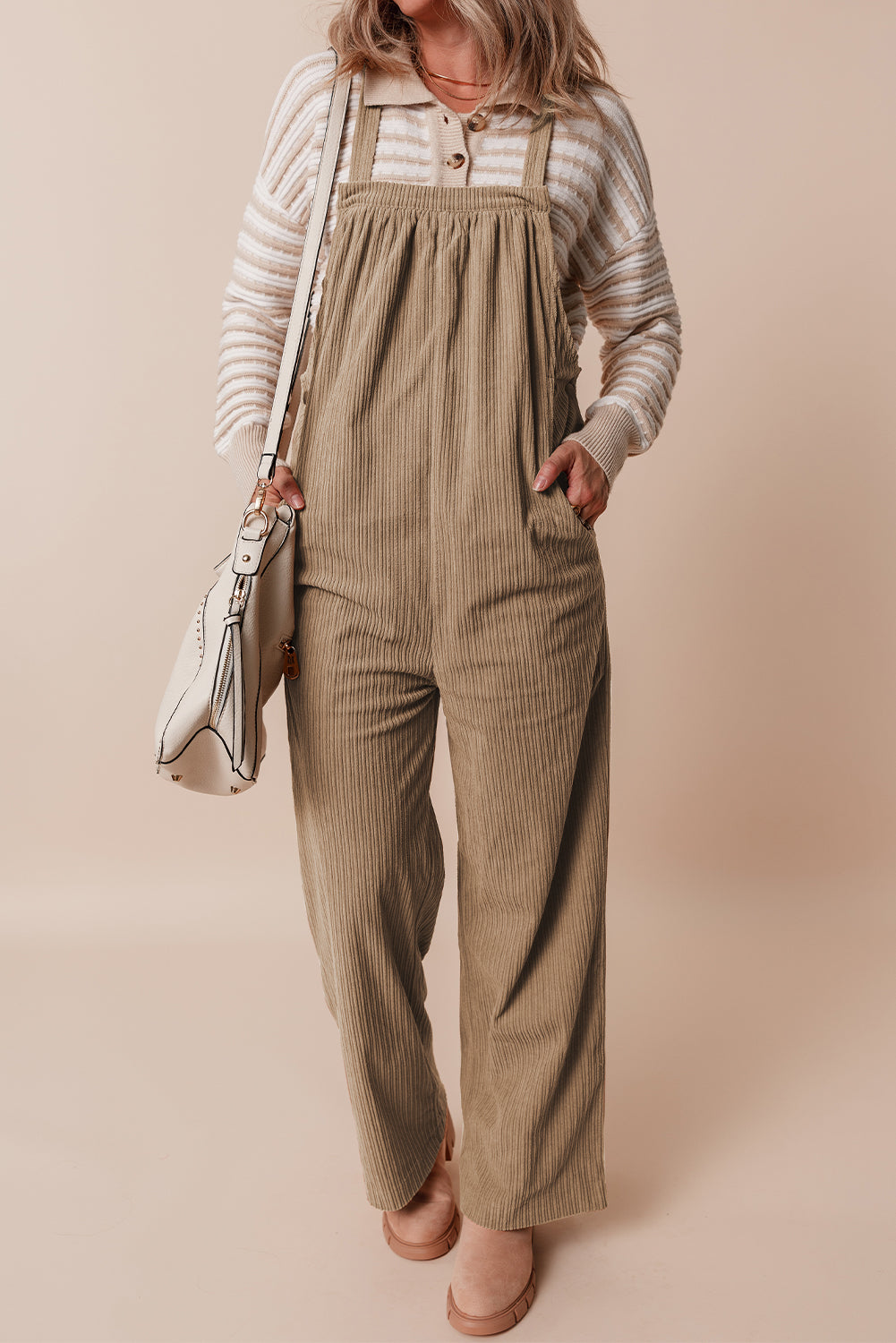 Gray Morn Solid Pocketed Loose Fit Corduroy Overall