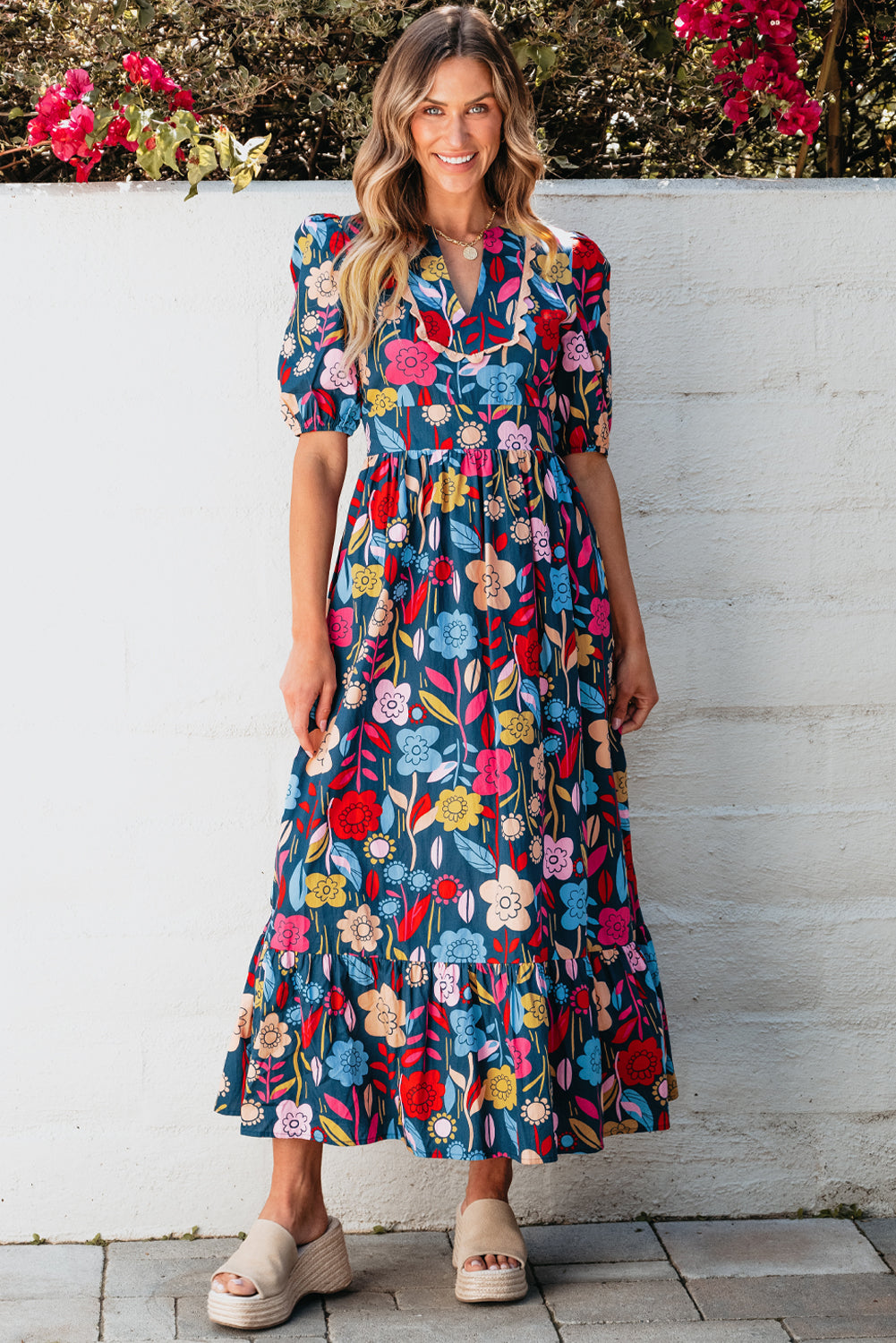 Robe longue verte rétro à imprimé floral et col fendu
