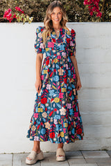 Robe longue verte rétro à imprimé floral et col fendu