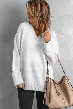 White V-neck Dropped Shoulder Knitted Sweater